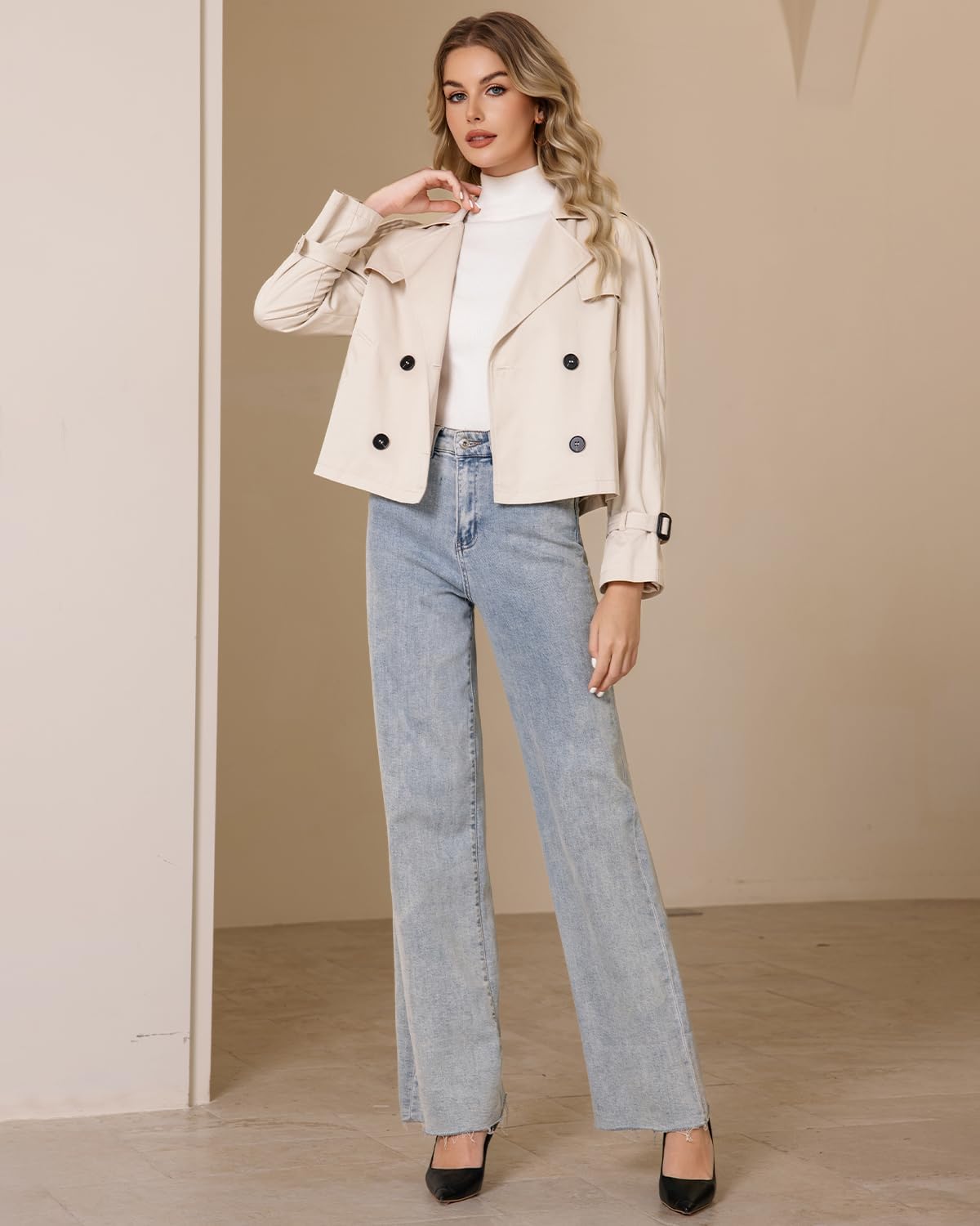 Cropped Trench Coat For Women Double Breasted Casual Trendy Long Sleeve Short Jacket - Image 3