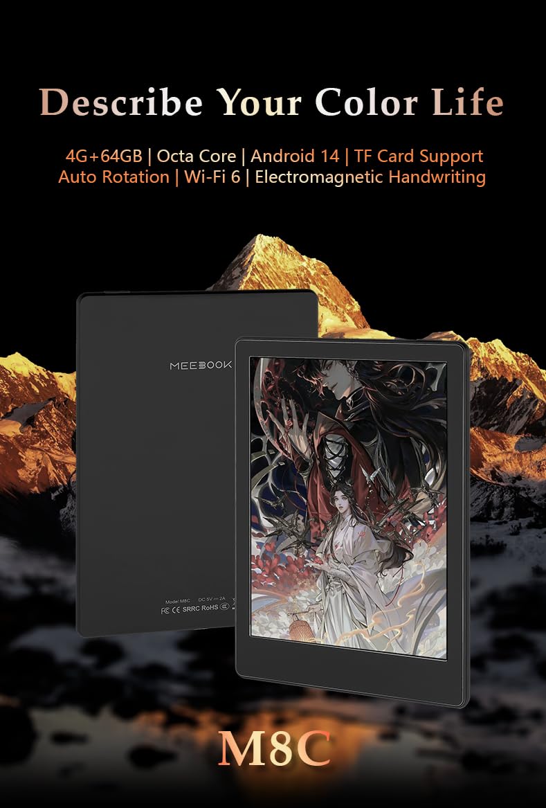 Meebook M8C Farb-E-Reader | 7,8" HD, 300 PPI und 150 PPI (Farbe) | Android 14 | Octa-Core | 4 GB + 64 GB | Zwei Mikrofone und Lautsprecher | Google Play Store | Handschrifterkennung | Smart Light