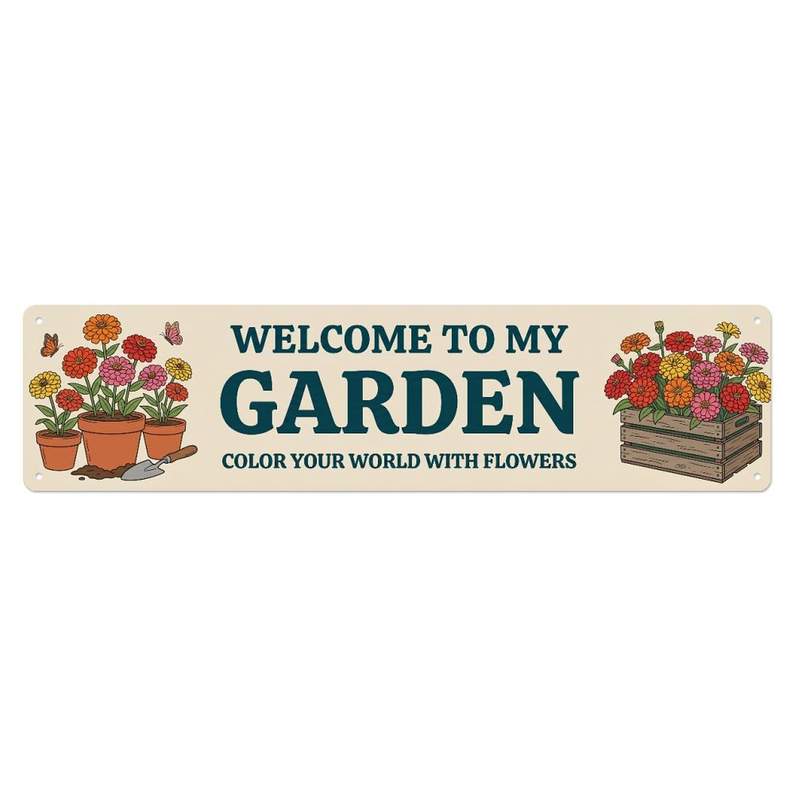 Metal Tin Sign Welcome To My Garden Vintage Zinnia Bright