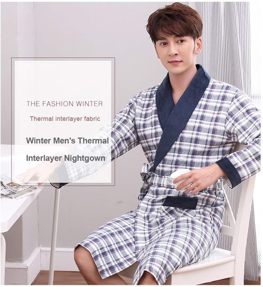 YYZKYTO Pajamas Men's Nightshirts Sleepwear Long-Sleeved Winter Sandwich Nightgown Warm and Comfortable Plus Size Bathrobe Dad Homewear,1-3XL