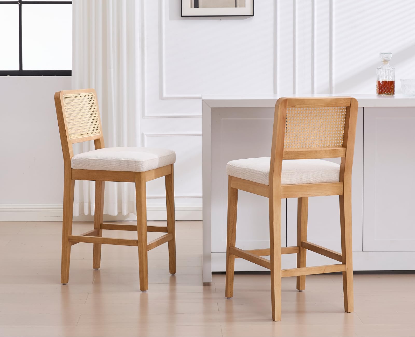chairus 2PCS Sillas Altas Madera para Isla de Cocina, Blanco | Asiento Acolchado, Con Respaldo Ratán, Para Cocina/Barra