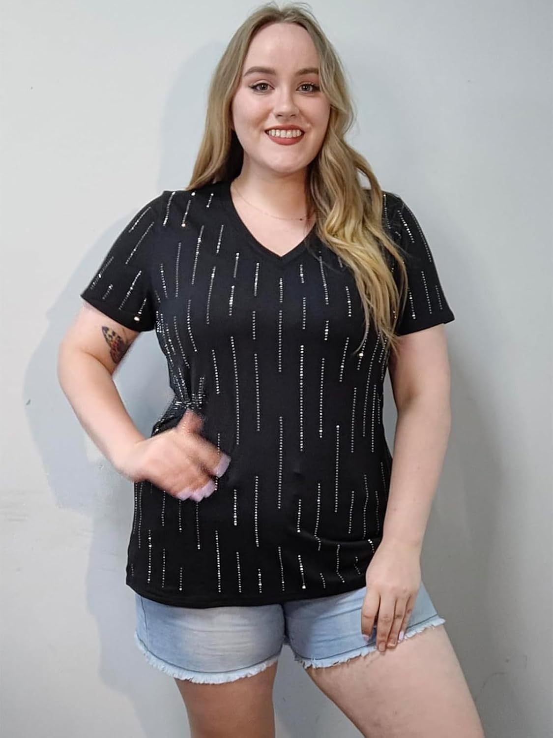 RITERA Plus Size Sparkle Sequin Tops for Women Shimmer Glitter V Neck Blouse Short Sleeve Shiny Fashion Party T-Shirts XL-5XL - Image 5