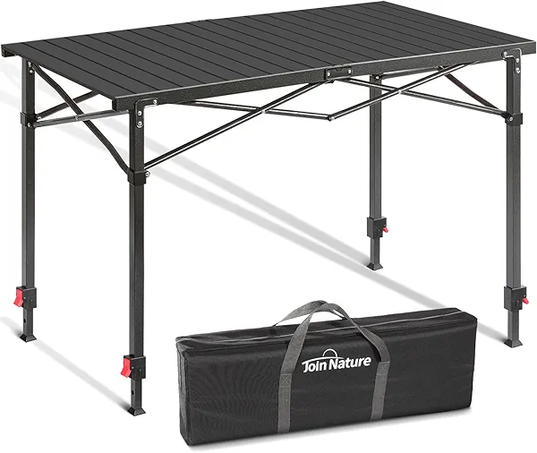 Join Nature Portable Outdoor Adjustable Height Camping Table, Large for 2-6 Person, Foldable Roll-up Aluminum Camp Table with Carry Bag for Picnic, Camp, Sturdy, Stable, Loads 220 Lbs (Black)