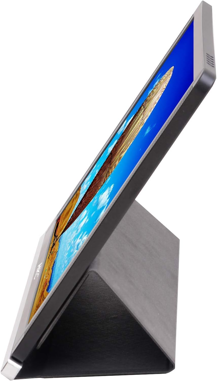 Side view of the HKC MR13HFP portable monitor, showing its thin profile and integrated stand.