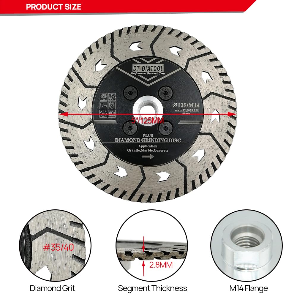 DT-DIATOOL Disco Diamantato 2 Pezzi 125 mm x M14 Lama per Sega a Doppia Faccia per Taglio Rettifica Calcestruzzo Marmo Granito Pietra
