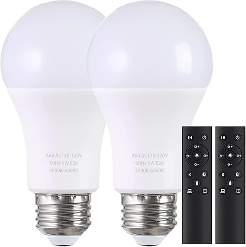 Miniatura 9 de Bombillas LED A19 con control remoto, bombillas de 800 lm 9 W (equivalente a 60 W), regulables continuas 3000K-6000K, base E26, CRI 80+, 2.4 GHz,