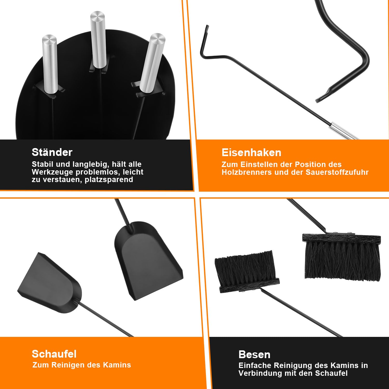 Set di posate per camino, 4 Pezzi, Set di posate per camino, con scopa, pala, gancio in ferro, supporto, Attrezzi per camino con manici in acciaio inox, Attrezzi Camino Moderni