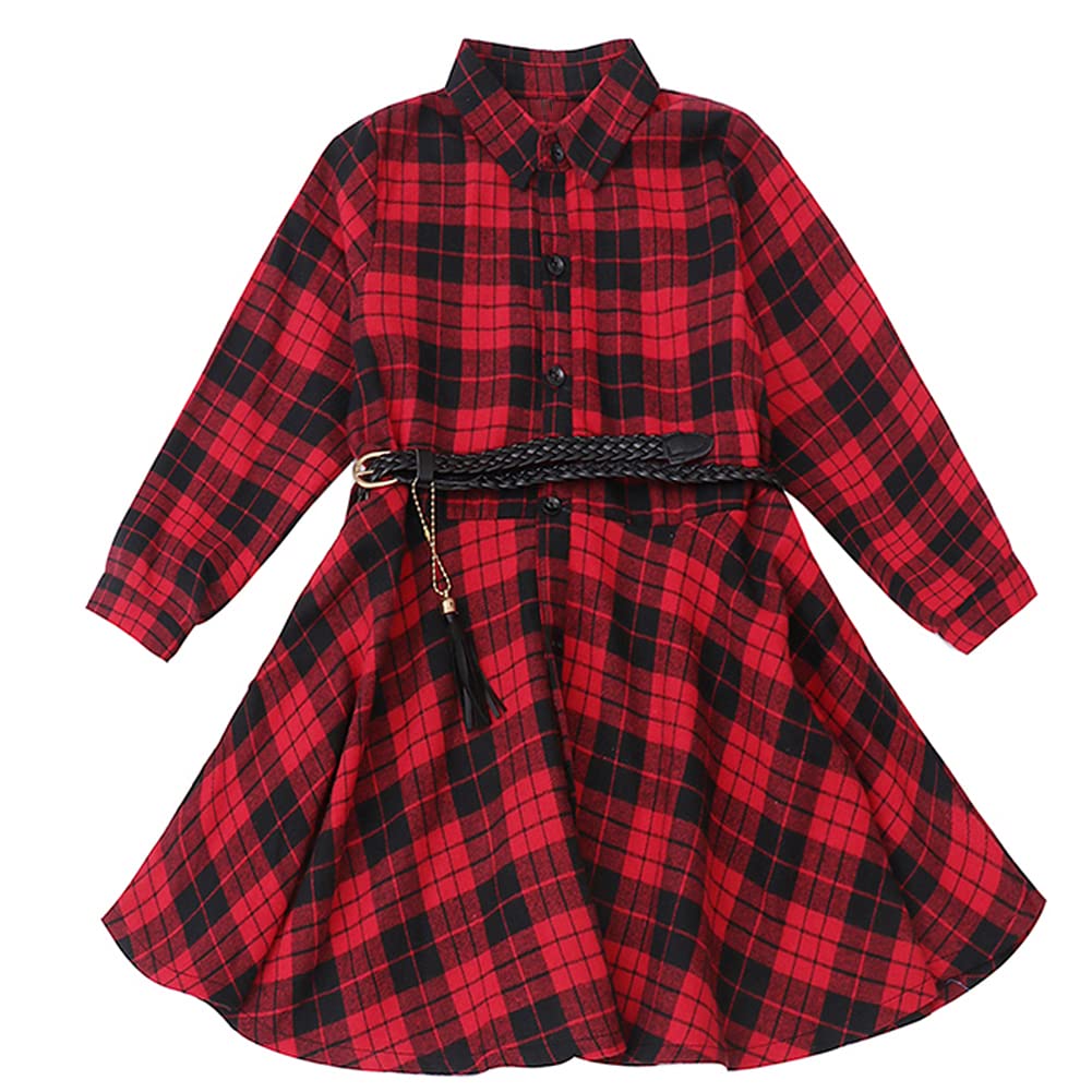 AGQT Blusas Vestido Bebita Traje de Navidad, Vestido de Camisa de Rayas Ropa Casual Manga Larga con cinturón, Talla de Camisa a Cuadros Buffalo Tamaño 3-11T
