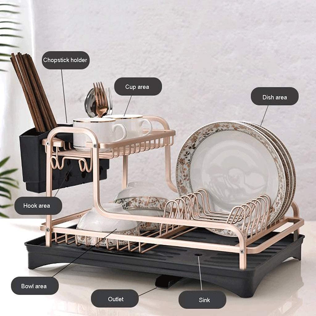 Dish Drainer Rack Dish Drying Rack Aluminum Dish Drying Rack with Removable Cutlery Holder Kitchen Dish Storage Rack,Golden 2-Tier