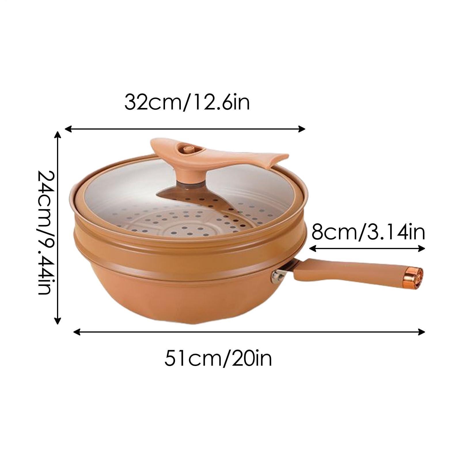 Wok in ferro da 32 cm con coperchio, pentola antiaderente in argilla, wok in ferro sano, pentola per cottura a vapore e cottura, con cestello per cottura a vapore, padella antiaderente per friggere e