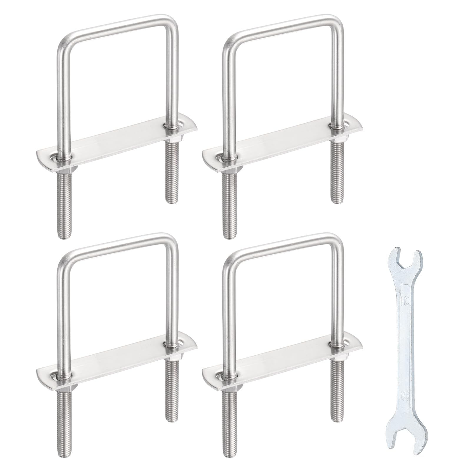 sourcing map 4 Sets M8 Square U-Bolts, 2.36"(60mm) Inner Width 3.9"(100mm) Length 304 Stainless Steel U Clamp Bolts with Nuts, Plates and Wrench for Trailer Ski Boat Fishing Boat — image 1