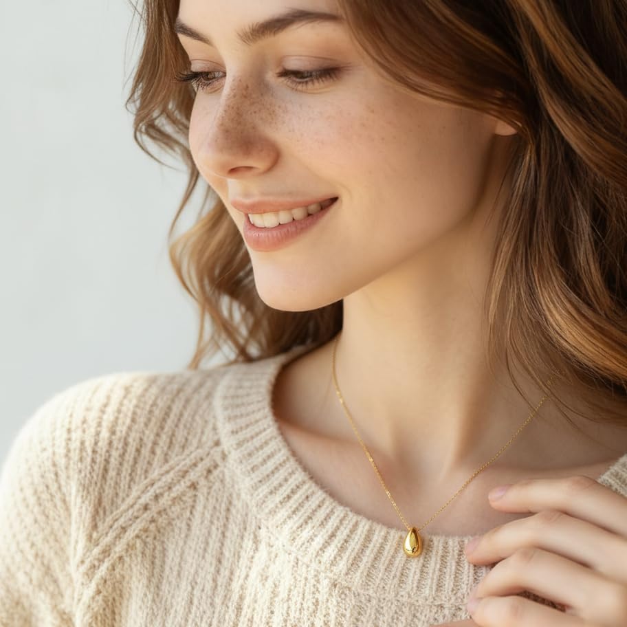 14K Gold Necklaces for Women Gold Necklace for Women Teardrop Necklaces for Womens Delicate Water Drop with Polished Surface Womens Tear Drop Necklaces - Image 2