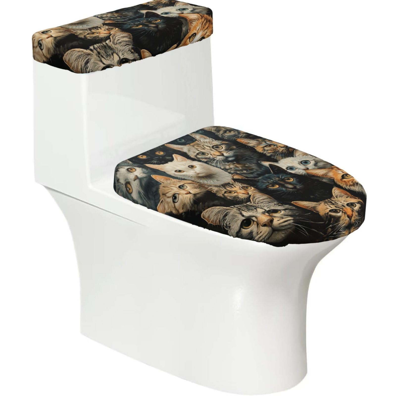 Cat Printed Toilet Tank and Lid Cover Set of 2 for Most Bathrooms, Fits Elongated Round Toilets