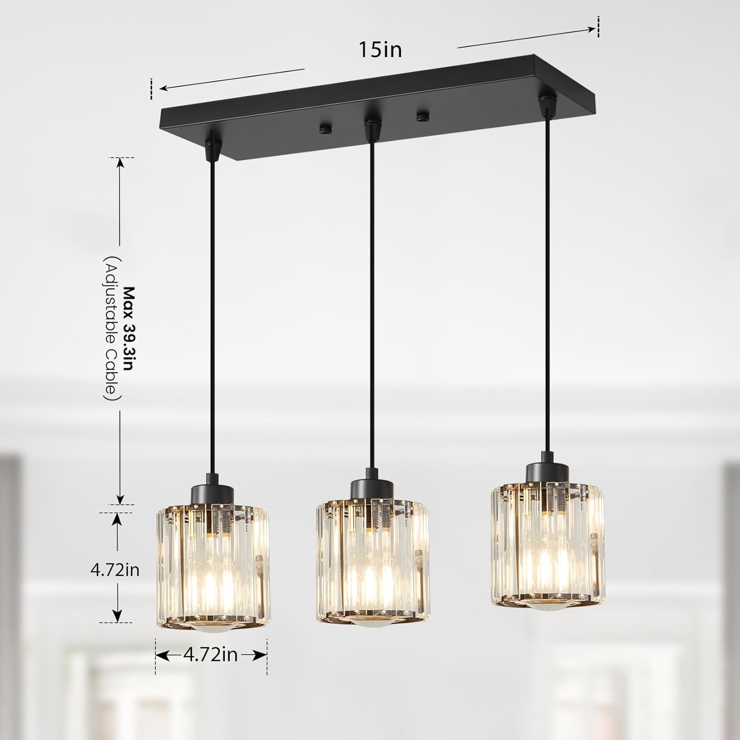 3 Light Pendant Lighting for Kitchen Island, Black Hanging Light Fixture for Ceiling, Farmhouse Dining Room Lights for Bedroom, Hallway, Modern Glass Chandelier, E26 Base, Bulbs Not Included