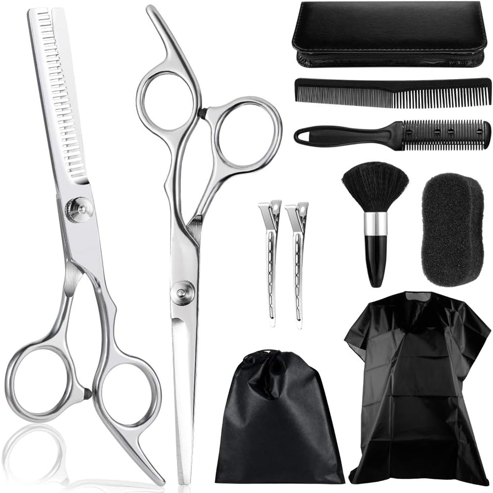 Updated 2020 Version Professional Hair Cutting Scissors Set 11PCS Hair Cutting Scissors, Thinning Shears, Hair Razor Comb, Clips, Cape, Hairdressing Scissors Kit,Barber,Hair Cutting Shears Set (Black)