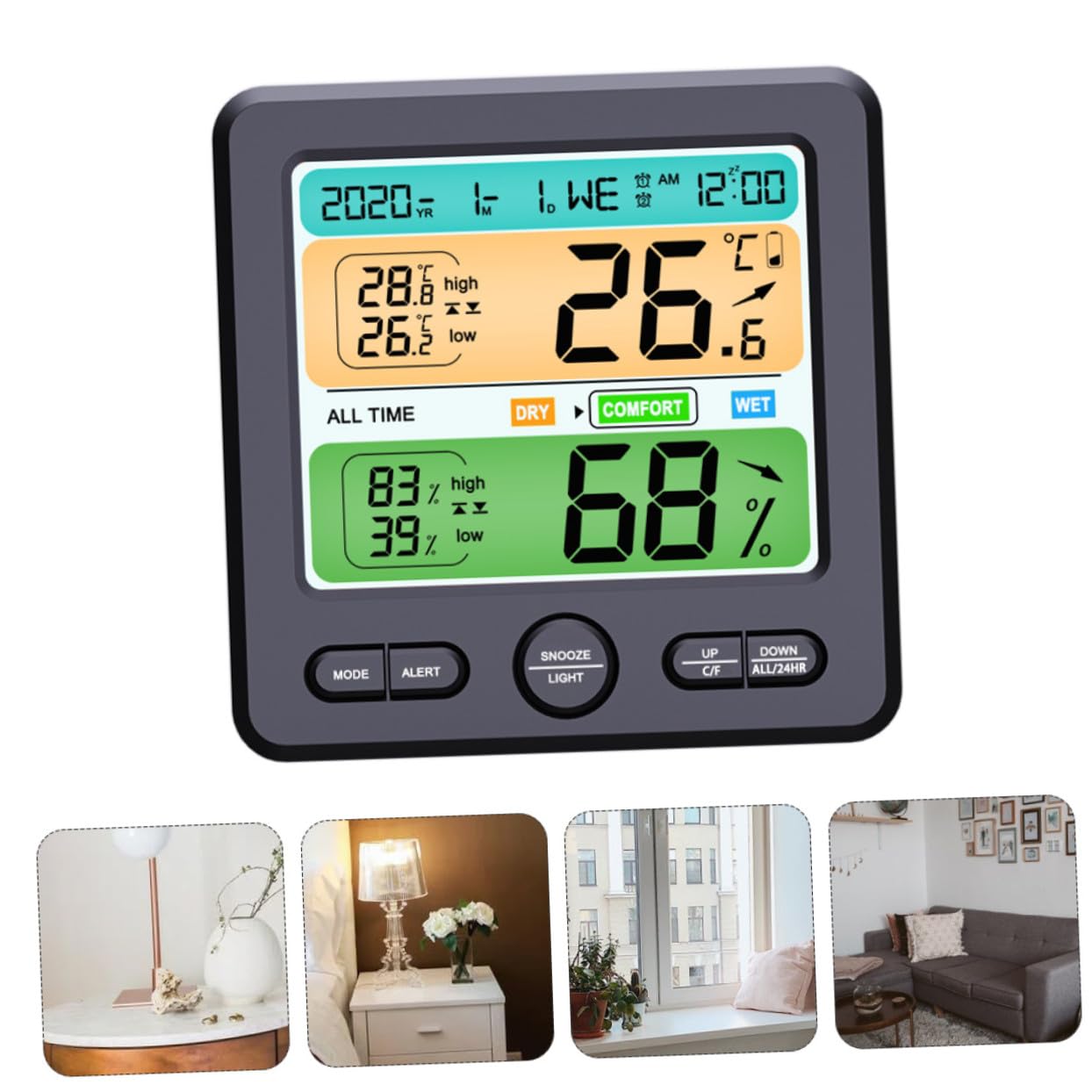 Thermohygrometer Uhr Schwarz mit LED Anzeige, Abs, 1 Stück | Klappbarer Standfuß, ohne Batterie, für Tisch und Wandmontage, Temperaturgenauigkeit ±1 °c, Feuchte ±5 % Rh