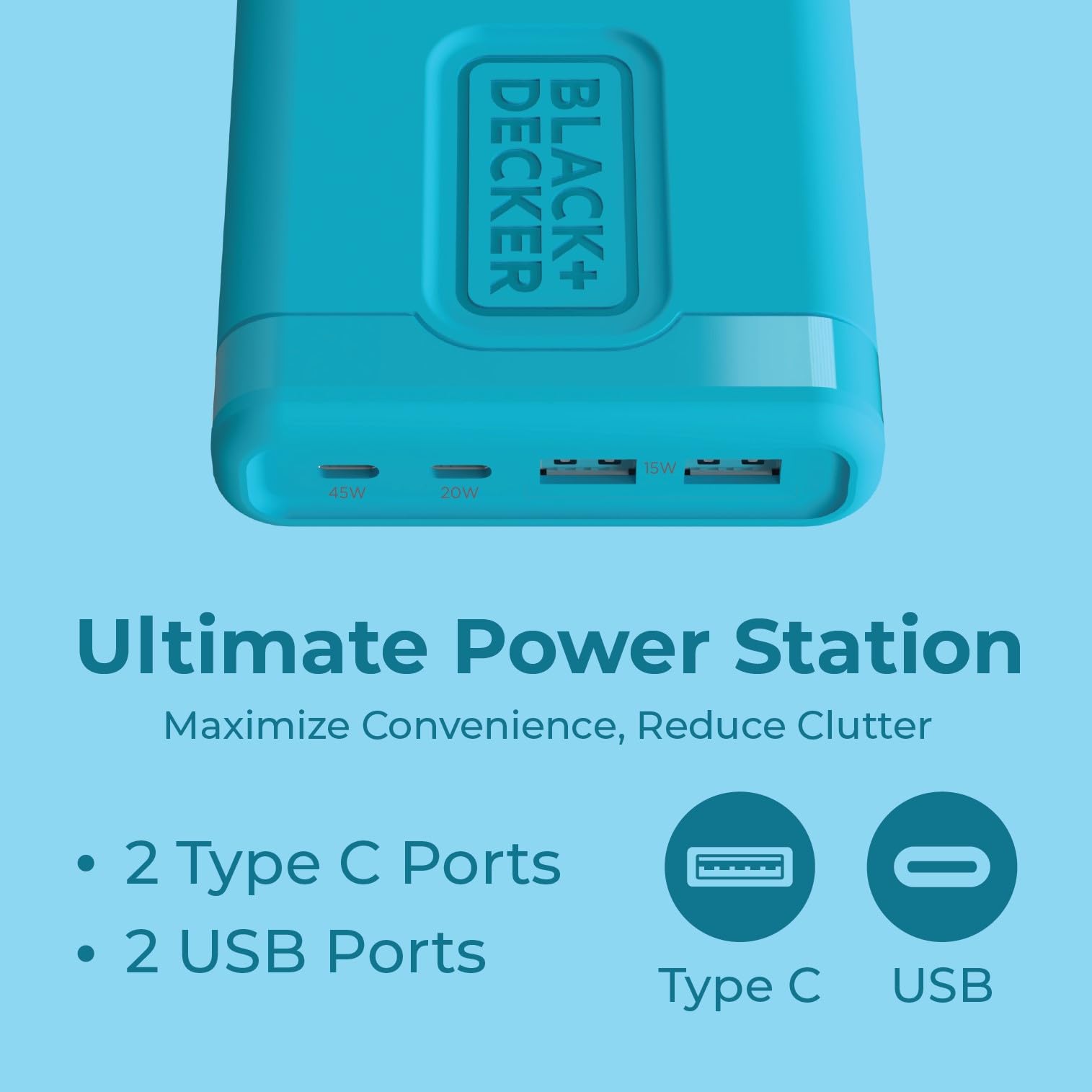 BLACK+DECKER USB C Fast Charger 65W 4 Port Type USB C Charging Station Hub Block TypeC Wall Charger Power Strip Adapter Plug 2 USBC 2 USBA for iPad iPhone 15 14 13 12 Pro Max Pixel Note Galaxy, Blue