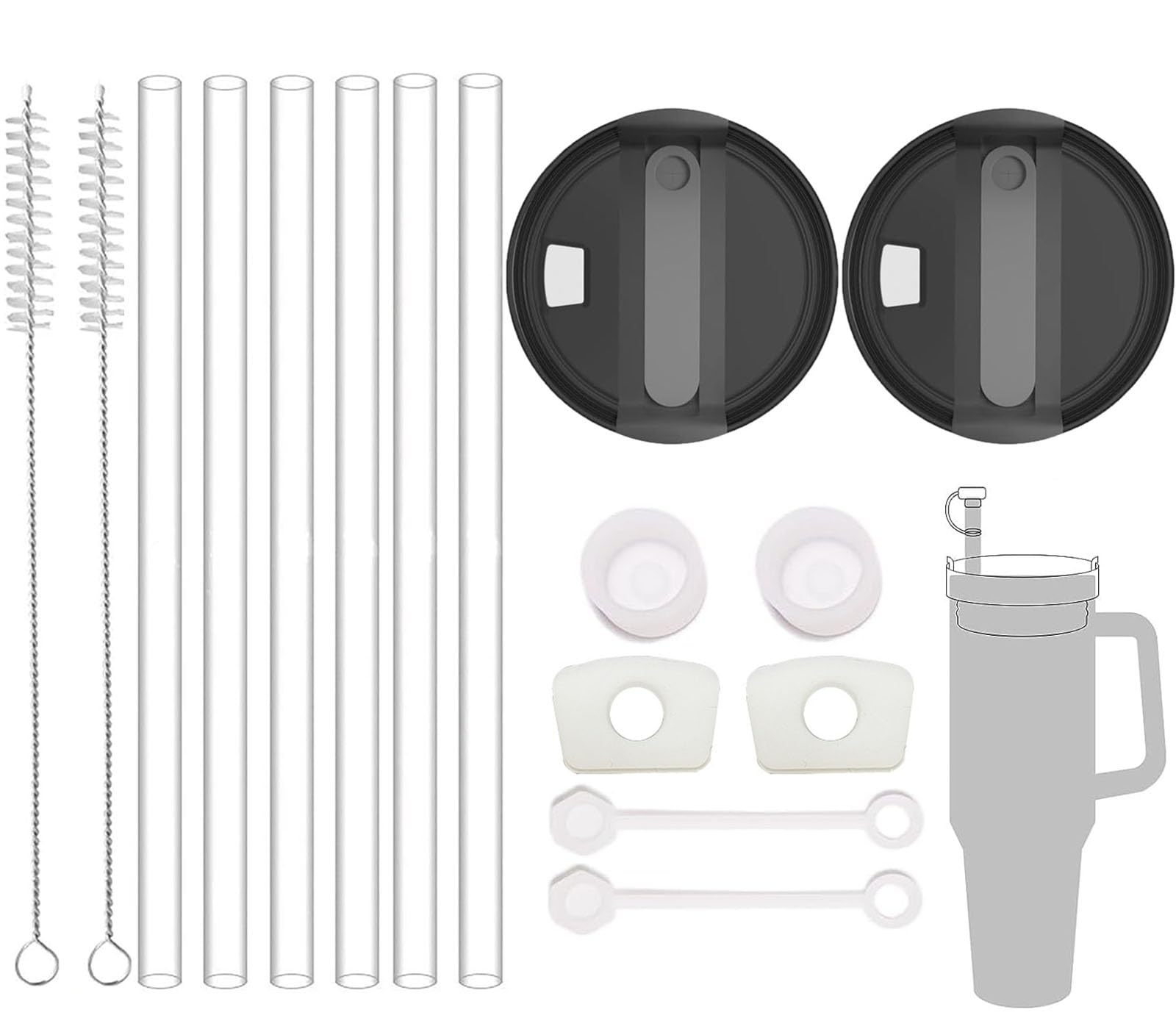 40oz Stanley Cup Accessories Set,Including 2pcs Replacement Lid Fit Stanley 40 Oz Tumbler,Tumbler Lids For Stanley Cup 2.0,H2.0 Silicone Spill Proof Stopper 3 Set and 6 Pcs Long Reusable Straw (Black)