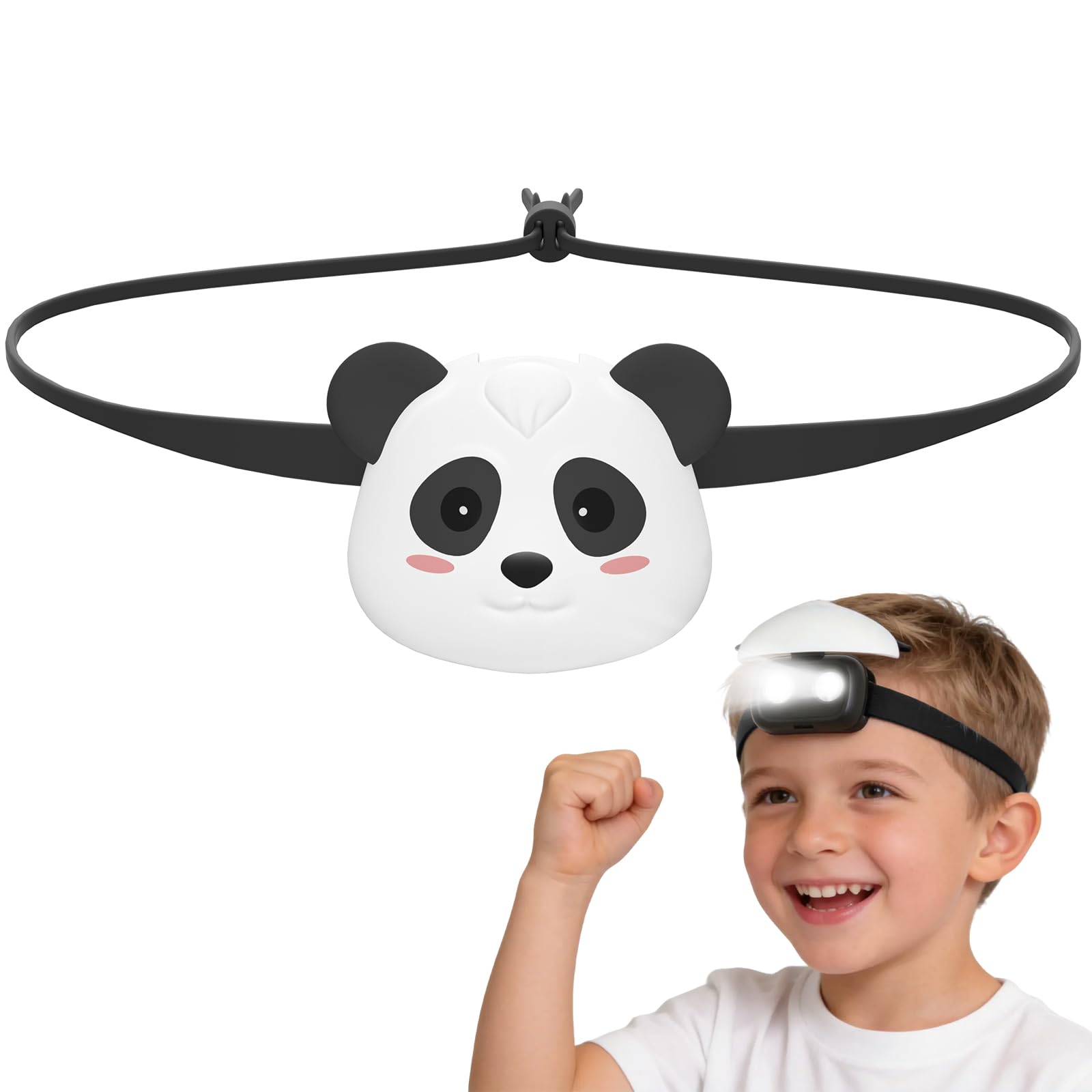 head torch rechargeable，kids head torch with Panda，Silicone LED Headlamp with 3 Lighting Modes & Flashing,USB Rechargeable head light for Cycling Running Camping for Kids ,Panda Gift for Girl and Boy