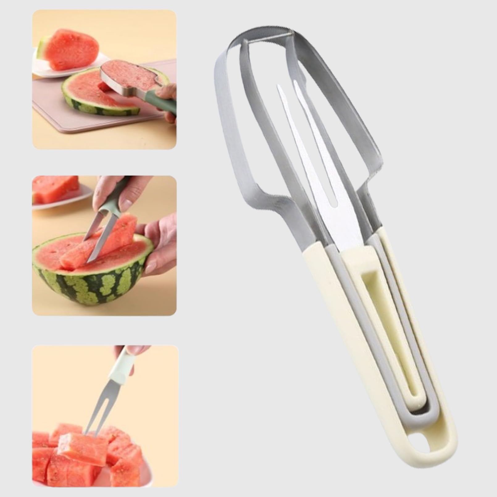 Trancheuse de pastèque beige 3 en 1 avec cuillère à pépins et fourchette à melon