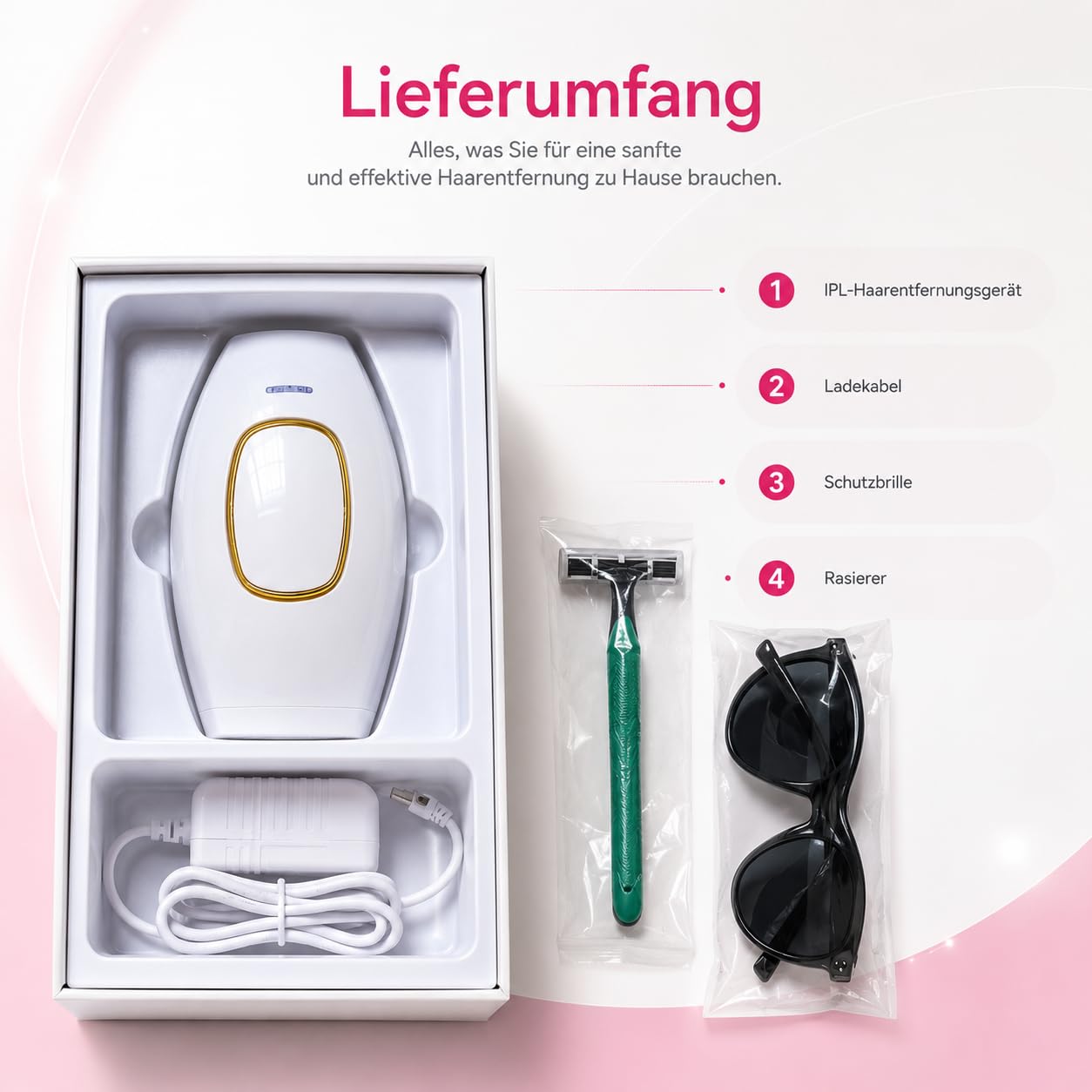 Solippy Loop IPL Haarentfernung Haarentfernungsgerät Mit 5 Energiestufen Hautkontaktsensor Für Gesicht Beine Achseln Bikinizone (Rosa)