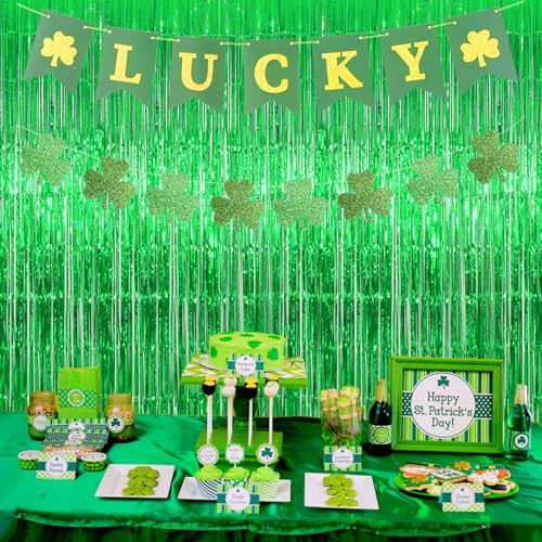 Image of 2 Pack Green Streamers St. Patrick's Day Decorations, Green Tinsel Foil Fringe Backdrop Curtain for Birthday Party, Party Door Streamers for Graduation, Dinosaur, Football Party Decorations