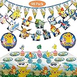 Pokemon Kids Birthday Party Decoration 98 Piezas Cartoon Anime Theme Artículos para Fiesta de Cumpleaños Platos, Tazas, Servilletas, Manteles con Paquete de Globos Gratis