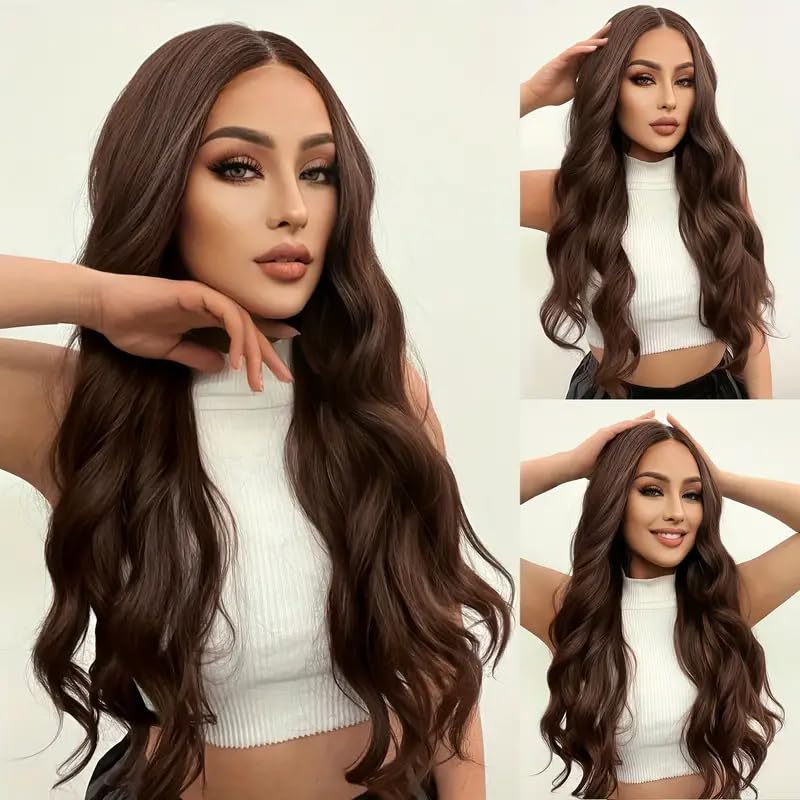 Image of Akashkrishn Synthetic Hair Wig For Women Long Brown Wig Middle Part Body Wavy Front Wig For Women Daily Party Use Natural Look Hair Wig