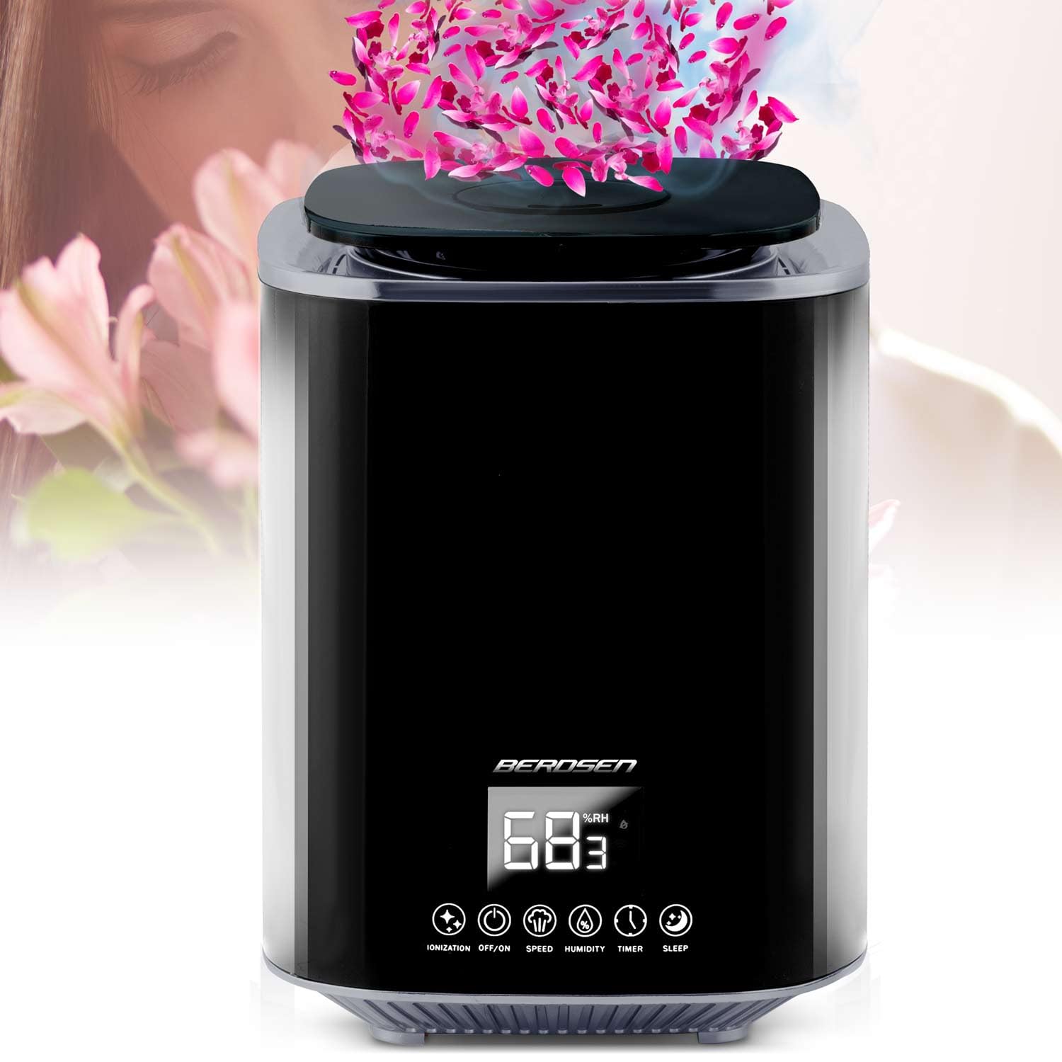 Berdsen Umidificatore Camera da Letto Umidificatore Ad Ultrasuoni Ionizzatore Aromaterapia Telecomando Umidificatore Camera Camera Camera Igrostato E Igrometro 2,6 L 3 Velocità Nero Grigio