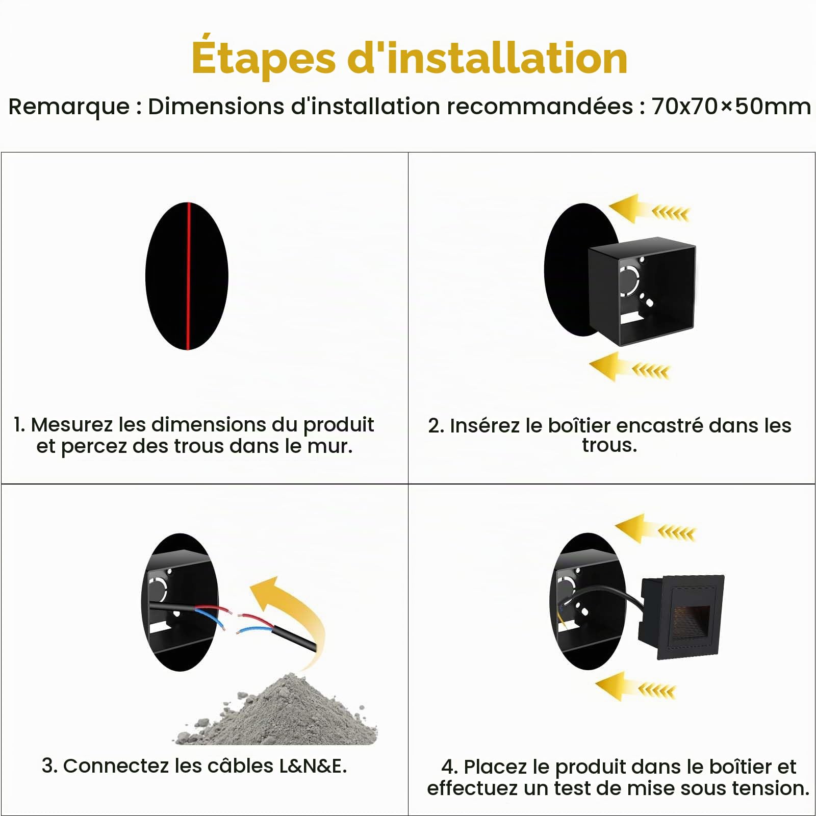 Eclairage Escalier 3W 300lm - 6 Pièces, 3000K Luminaire LED, 85x85mm, IP65 Applique Encastrée, 230V Luminaire D'escalier pour Escalier Mural, Douilles Encastrées 68mm, Aluminium Noir
