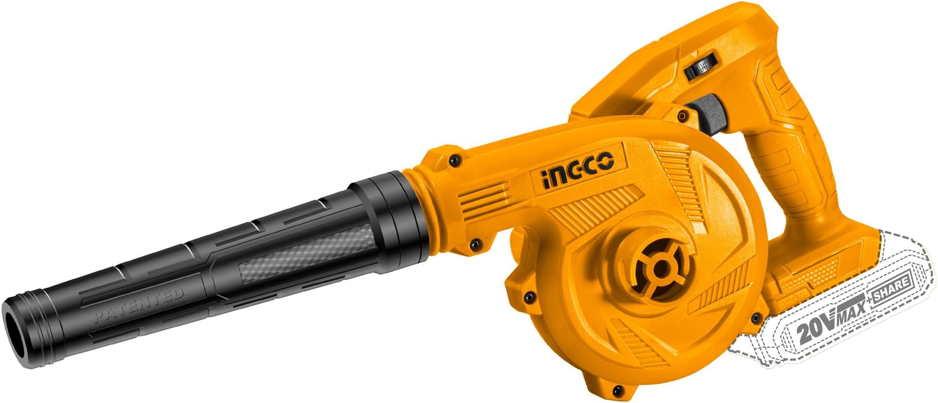 INGCO Cordless Leaf Blower, 2.7m³/min, 2 Variable Speed, Blower for Cleaning Dust at Home, Workshop, Car Cleaning, Gardenging Works, Dust Cleaning (Tool only)