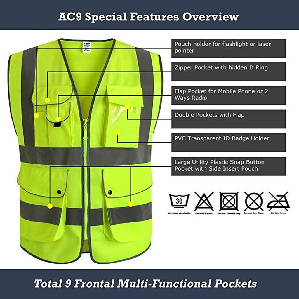 Chaleco de Seguridad para Hombre, Chaleco Reflectante de Seguridad 100% poliéster Cómodo y Transpirable Cremallera/Bolsillo Chalecos Reflectantes de Alta Visibilidad 2 Piezas (Amarillo, L)