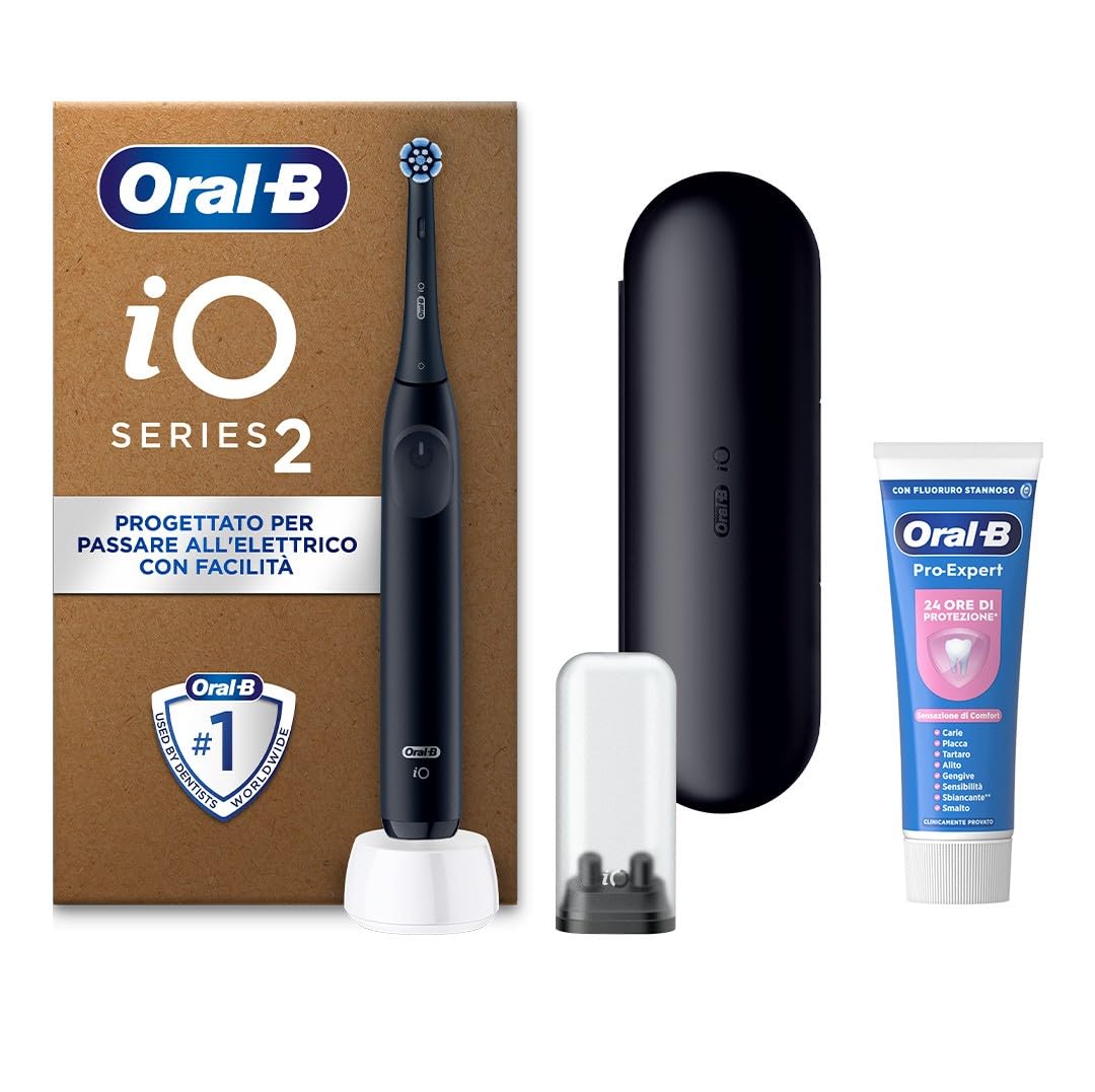 Oral-B Spazzolino Elettrico Ricaricabile iO 2 Nero, 1 Spazzolino Elettrico, 1 Testina Di Ricambio, Custodia Da Viaggio, Supporto per testine + 1 Dentifricio Oral-B Pro-Expert, Pulizia Denti