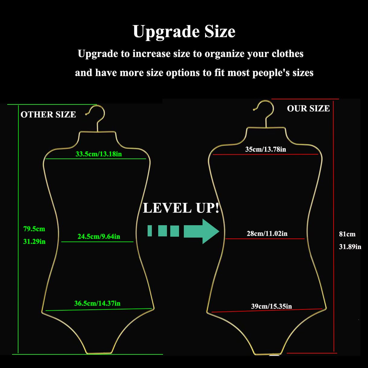 SYNHOZZ Gold Body Shape Display Lingerie Hangers 15 Pack, Sturdy Metal Wire Bikini Swimsuit Hangers for Bra Swimwear Bathing Suit, Mannequin Hanging Rack for Women's Boutique Clothes Coat (Large Size)