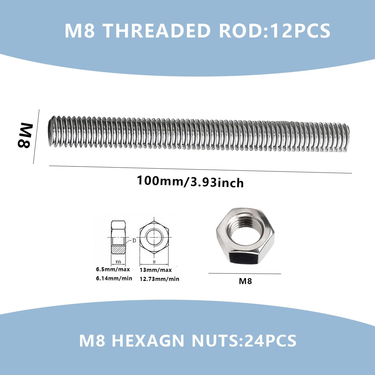 Asta filettata M8 304 in acciaio inox antiruggine, 12 barre filettate M8 x 100 mm, 24 dadi M8, filettatura completa per fai da te, costruzione di macchine, montaggio di mobili, resistente alla