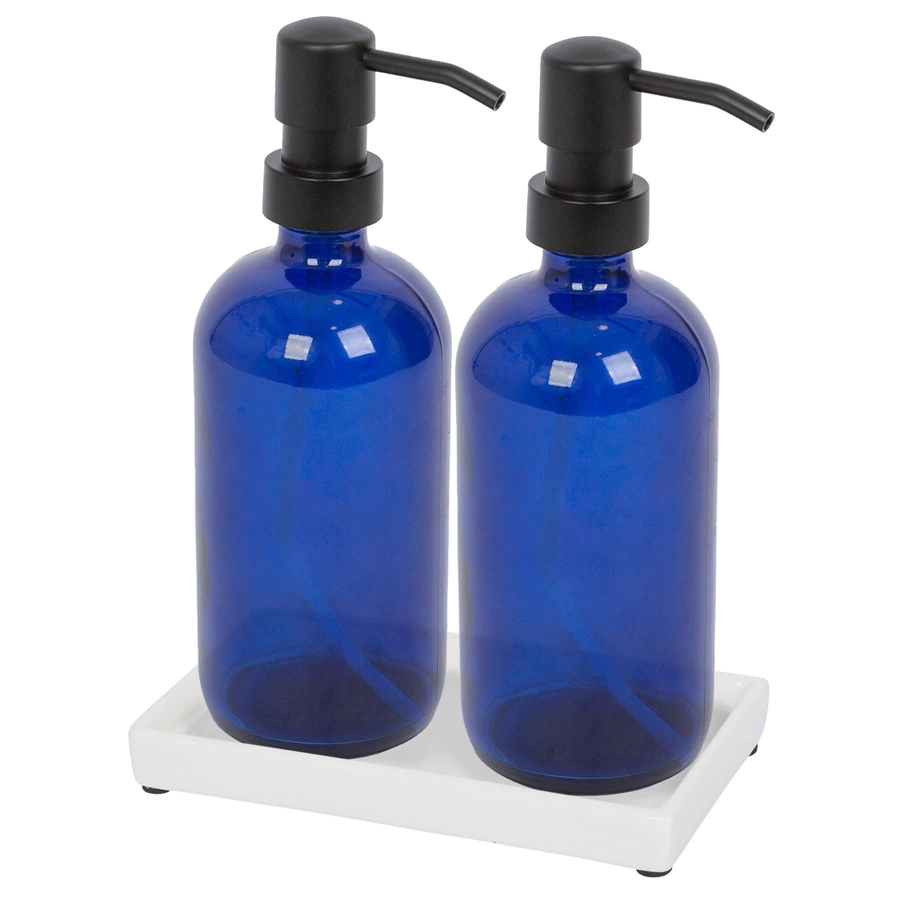 Harbour Housewares Blue 2 Piece Glass Soap Dispenser Set With Ceramic Tray - 500Ml Refillable Bottles With Black Pumps - Bathroom And Kitchen Accessories For Hand Wash, Lotion Or Moisturiser