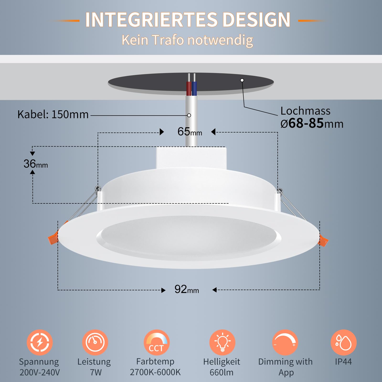 DUSKTEC Einbaustrahler LED Smart 230V 7W Dimmbar mit APP 2700K-6000K Kompatibel mit Alexa 68mm 6er Set