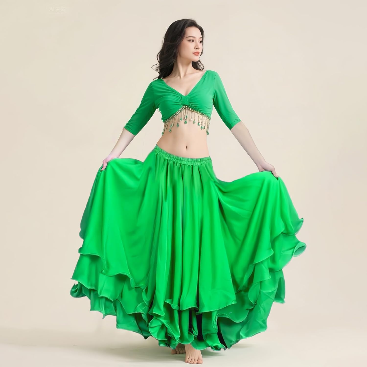 Women's 3-Layer Chiffon Hem Big Swing Skirt Belly Dance Spanish Long Skirts