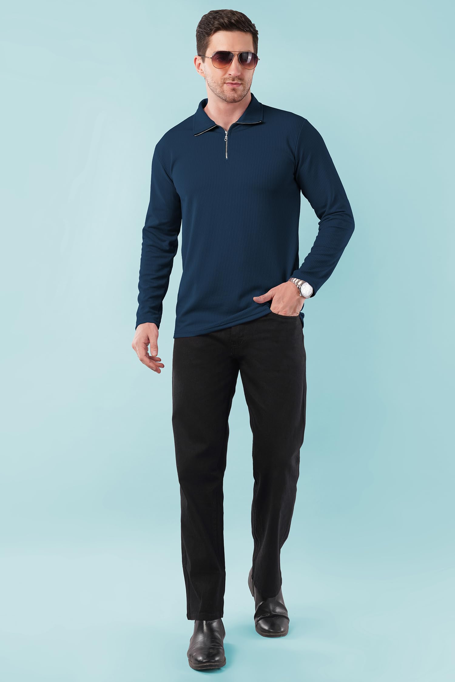 KAJARU Men's Quarter Zip Pullover T-Shirt, Cable Knit Pattern, Full Sleeve (in, Alpha, L, Airforce) - Image 5 thumbnail