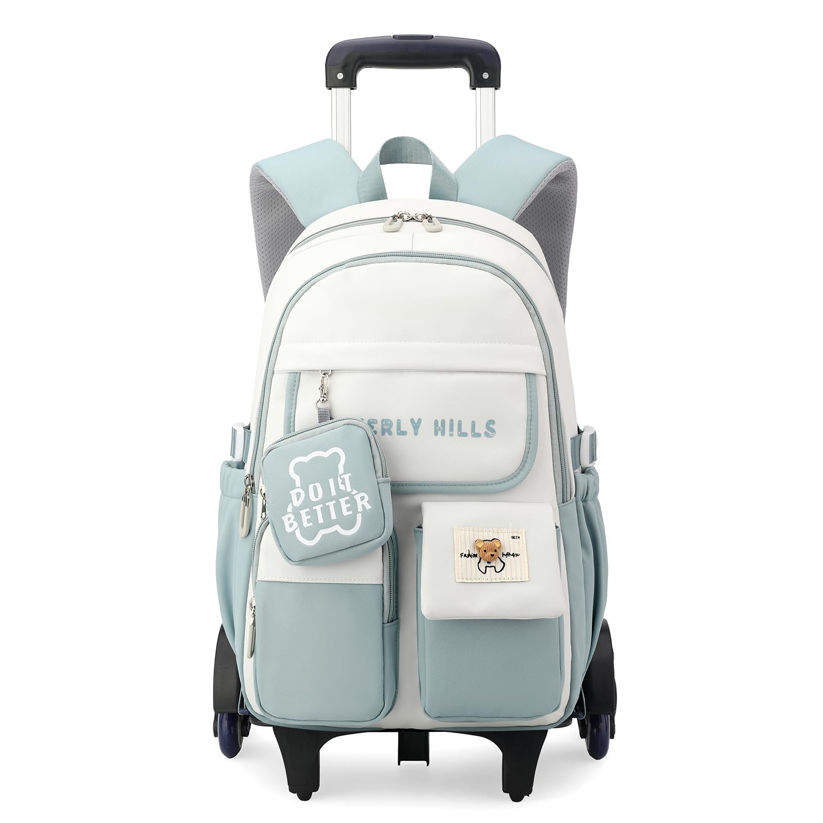 IvyH Mochila escolar con ruedas para adolescentes 2 en 1 con mochila desmontable y carrito con ruedas, mochila escolar con 6 ruedas para primaria y secundaria, verde, Mittelgroße, Clásico