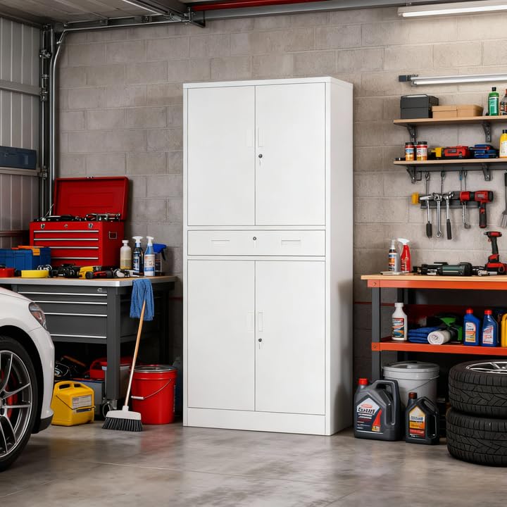 Image of Metal Storage with 1 Drawer, 71 inch Cabinet with 4 Locking Doors and 2 Adjustable Shelves, Steel Storage File Cabinet for Pantry, Kitchen, Office, Garage (White)