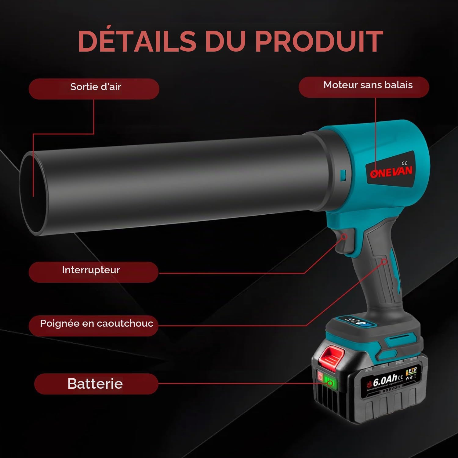 ONEVAN Souffleur Turbo sans Fil, 648km/h souffleur a Batterie sans balais avec 2 Batteries 6Ah, Force de soufflage 2kg, souffleur de Feuilles Puissant, souffleur Jardin per Feuilles, Neige, Gravier