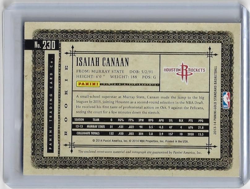 Isaiah Canaan Autographed Rookie Autograph Game Used Jersey Memorabilia Relic Collectible Basketball Card - 2013 Panini Gold Standard Basketball Card #230 (Rockets)