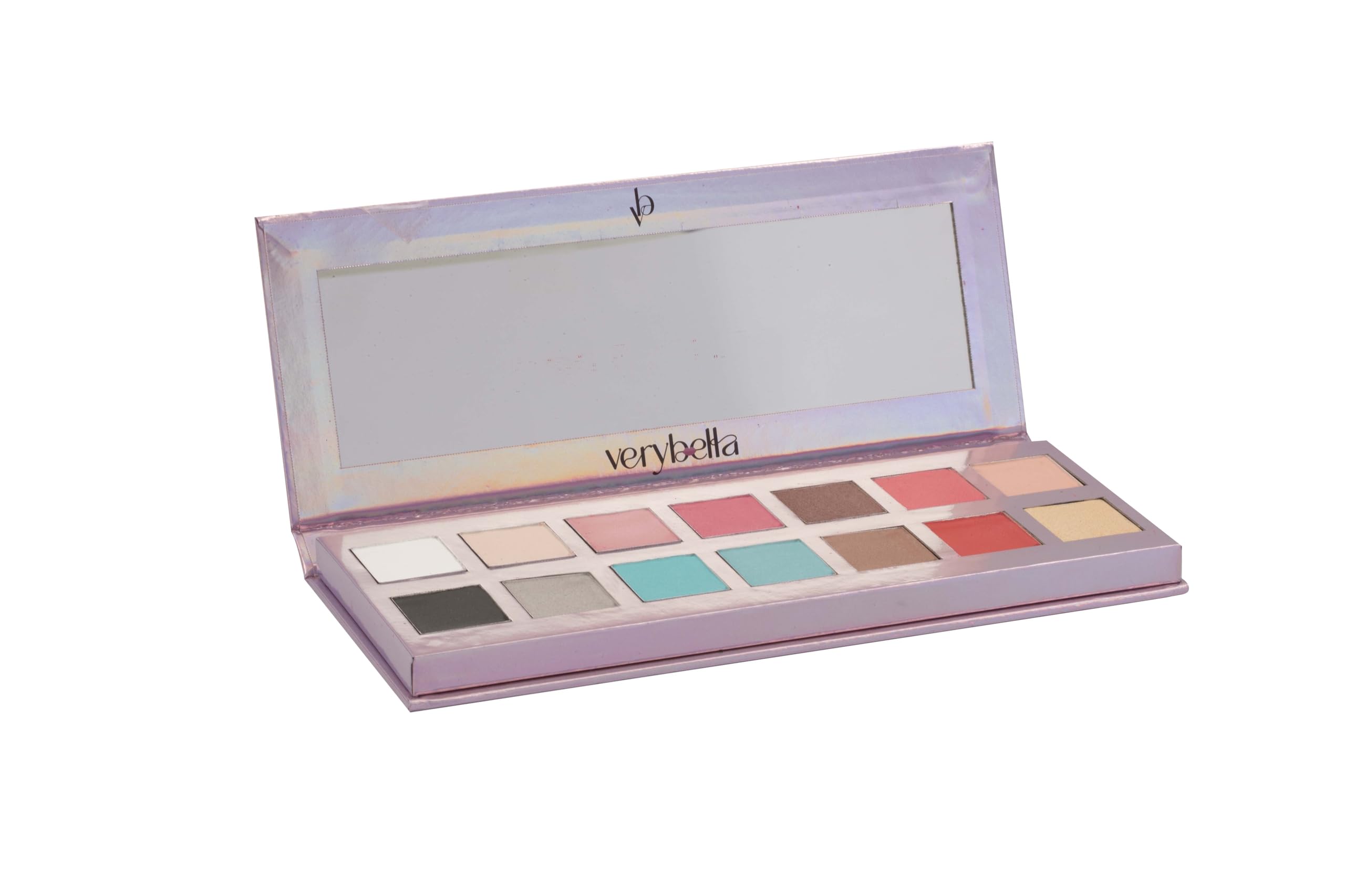 Verybella Glow Palette, Iridescent Effect, 12 Vibrant Colours Eye Shadow, 2 Blushes for a Fresh Tint on the Cheeks, Includes Comfortable Mirror for Optimal Make Up