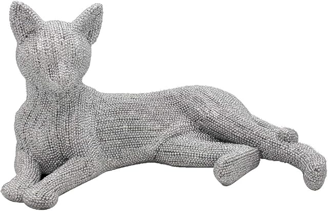 The Leonardo Collection Glittery Diamante Silver Art Figurine Lying Down Cat 29cm