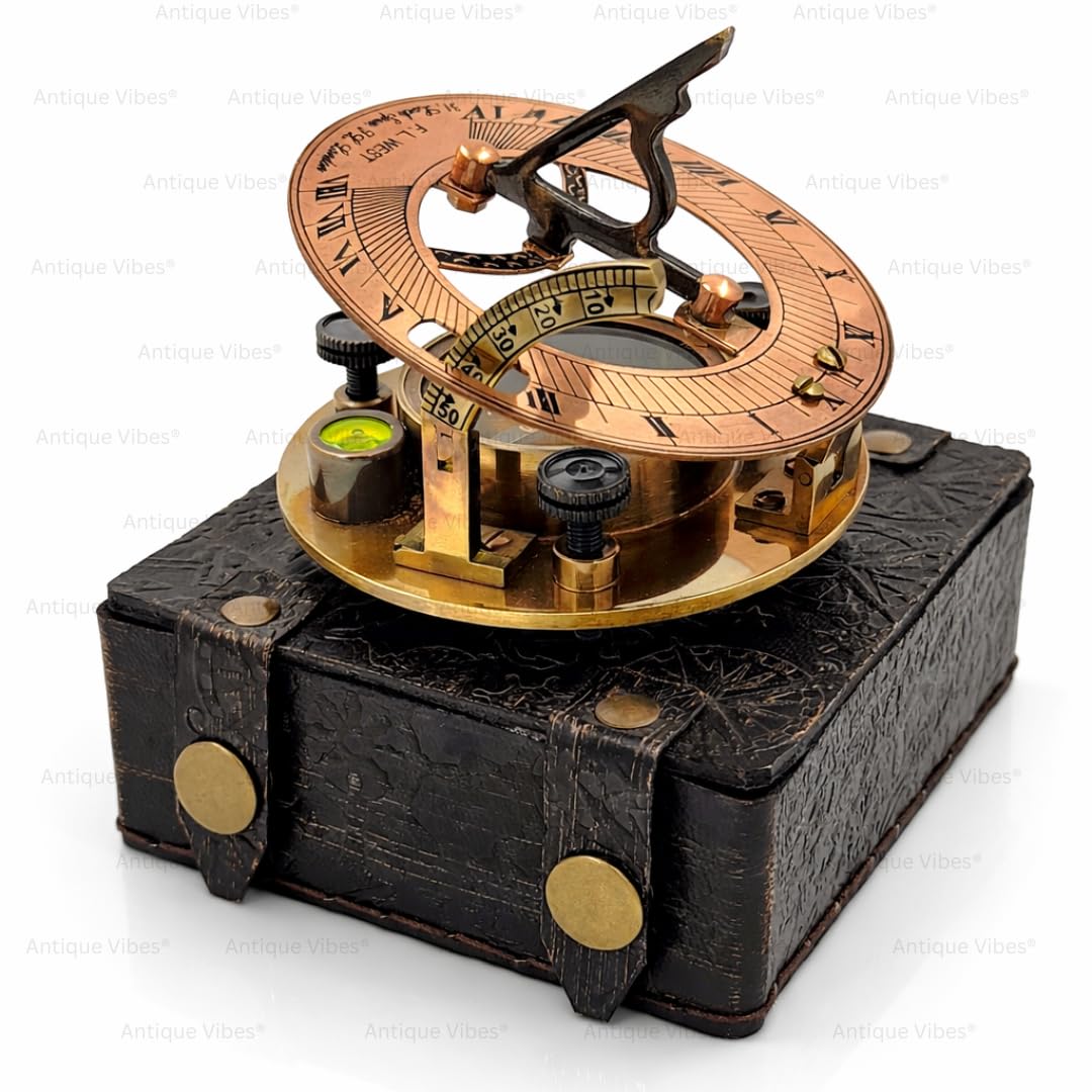 Brass Sundial Compass Copper-Antique Finish Embossed Case Handmade Navigation Tool, Wedding, Anniversary, Birthday, Travel Gifts