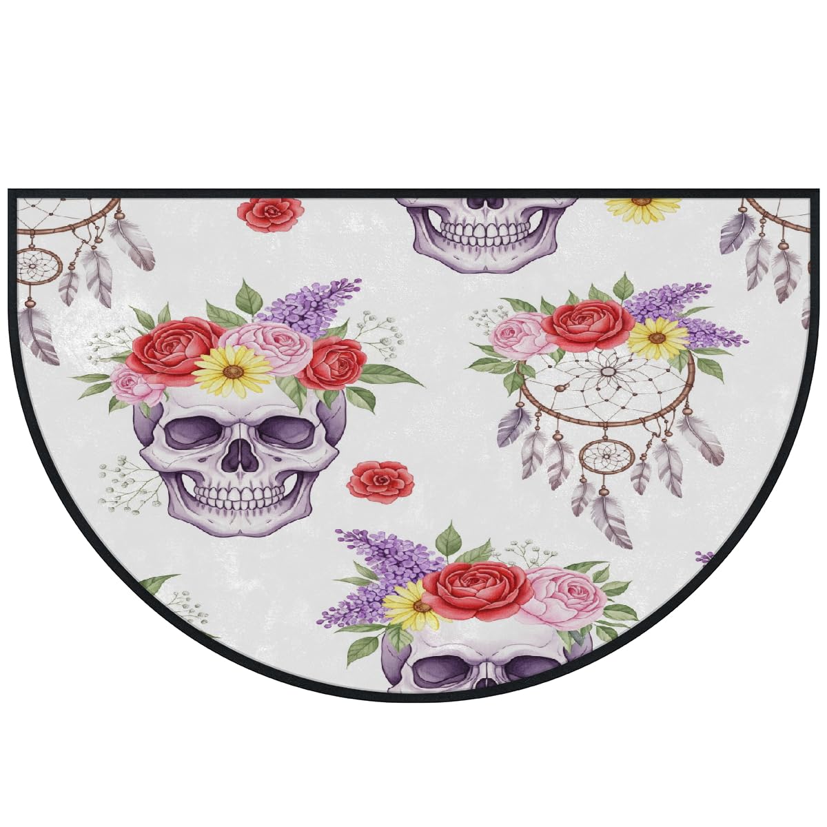 Große halbrunde Fußmatte – Boho-Totenkopf-Blumenmuster, waschbar, rutschfest, halbrund, Eingangsbereich, niedlich, weich, halbrund, saugfähig, Teppich für Küche, Badezimmer, Schlafzimmer, 160