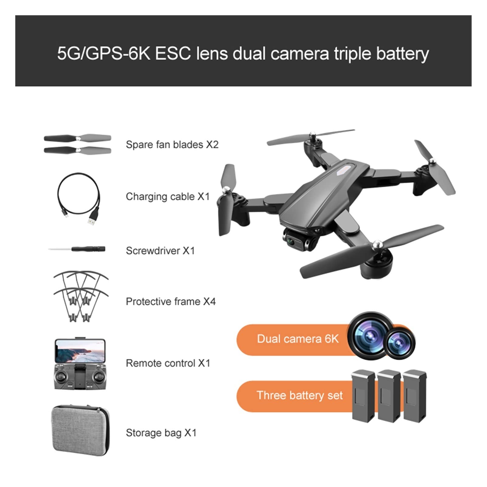 Składany dron Quadcopter GPS 5G Dron z 6K Profesjonalna kamera HD Quadcopter Przepływ optyczny Składany zdalny dron RC Helikopter Zabawka (Kolor: Torba 4K 1B Rozmiar: 1) (Torba GPS 6K 5G 3B 1)