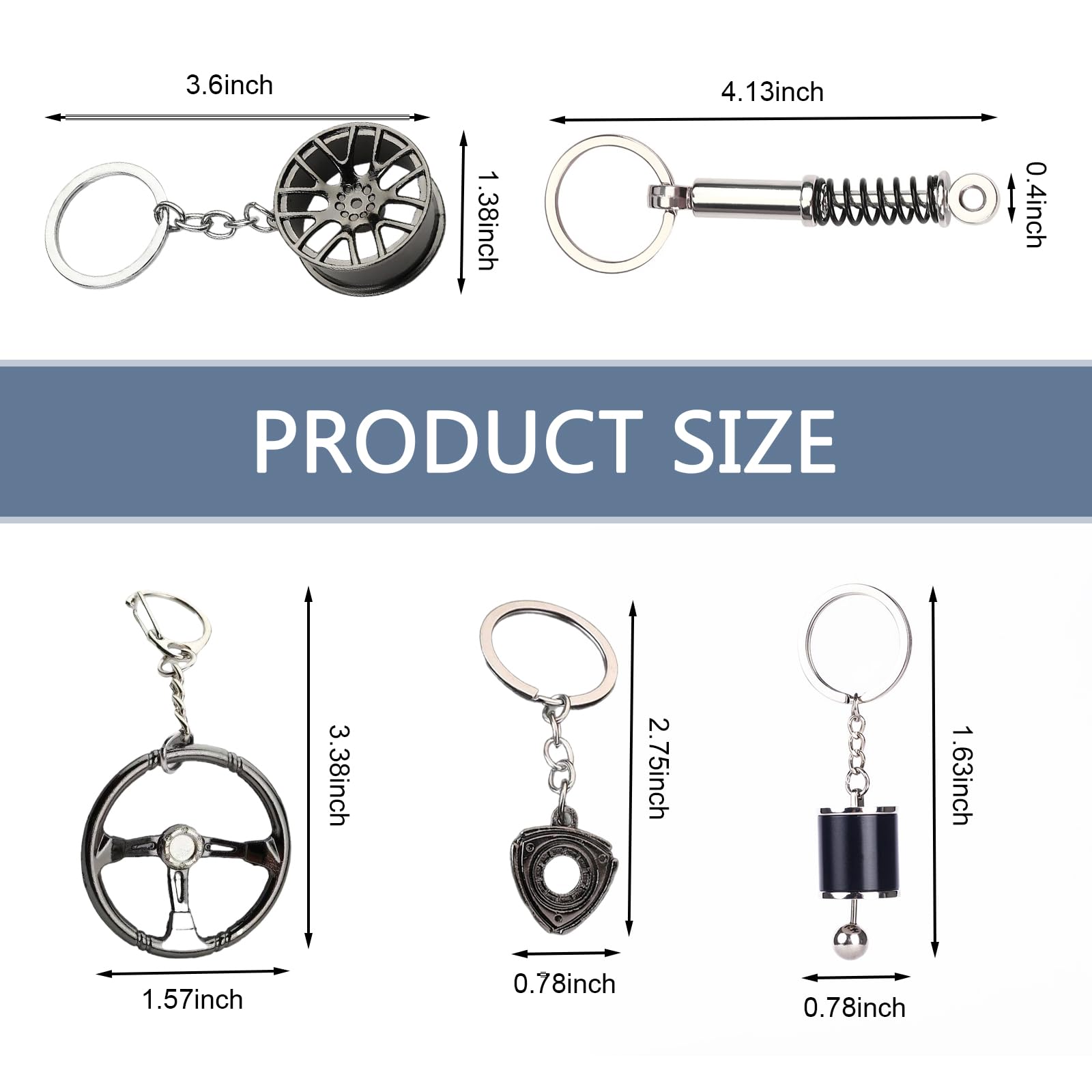 WZP 5PCS Car Keychains, Metal Car Parts Model Key Chain Kit, Steering Wheel, Tire Rim, Spring, Manual Transmission, Rotor Engine Keychain, Para Carros for Auto Lover Christmas Graduation Guy Gifts