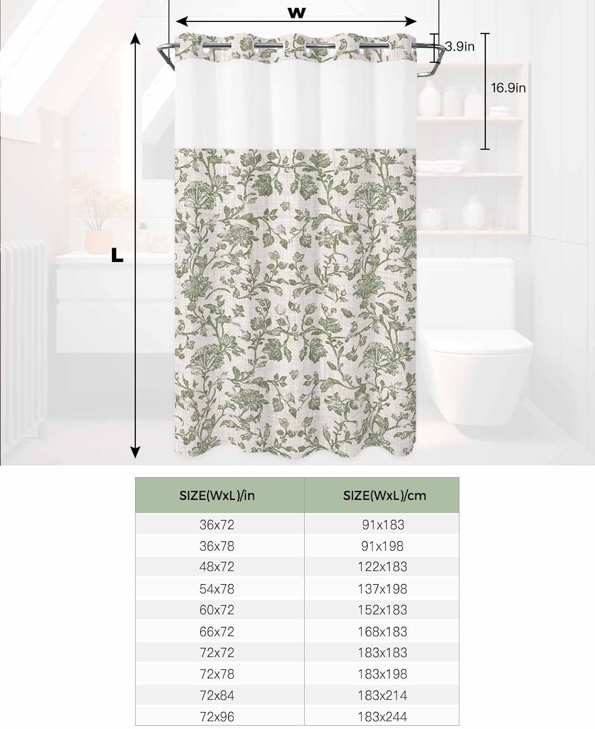 Boho Floral Sage Green No Hook Shower Curtain with Snap in Liner Waterproof Fabric Shower Curtain Set for Bathroom Spring Farmhouse Flower Textured Beige on Linen Shower Curtain with Window 36"x78"